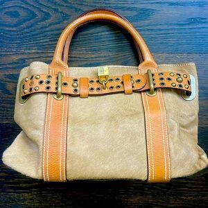 Luella Handbag: Brown hair with leather trim and handles